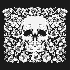 hand drawing skull surrounded by rose flower vector illustration