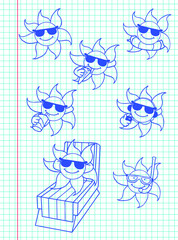 Hand drawn line art illustrations of cute cartoon sun characters on a plotting paper. All elements are grouped and layered separately. You can change the colors easily. Vector EPS. 
