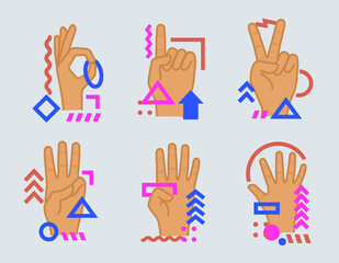 Hands showing numbers one, two, three, four, five. Colorful small geometric particles and dots. Set of flat cartoon outline vector illustrations with design elements isolated on white background