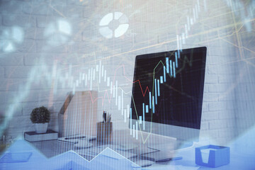 Double exposure of stock market graph drawing and office interior background. Concept of financial analysis.