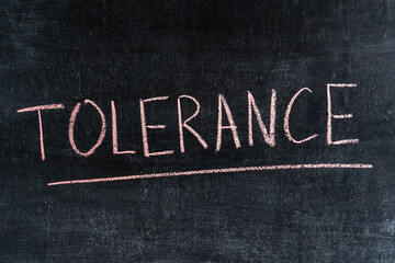 Obraz premium Tolerance is a handwritten word on a black chalk board.