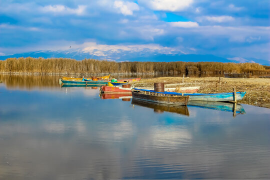 Lake Eber in Afyonkarahisar, Turkey. Boats by the lake. Beautiful nature landscape.