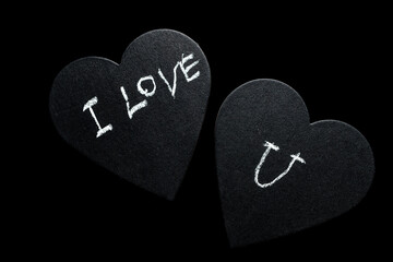 Black greeting  card I love you with two black hearts 