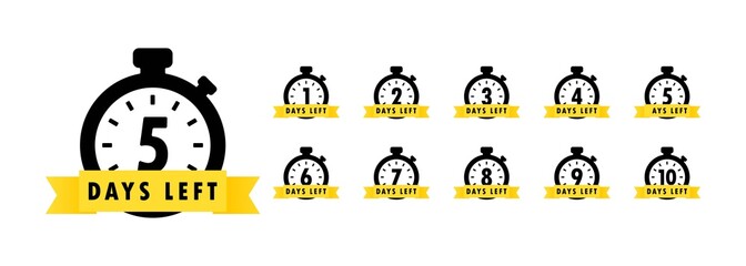 5 days left icon set. Countdown of days remaining. Offer timer, sticker limited to a few days. Vector EPS 10. Isolated on white background
