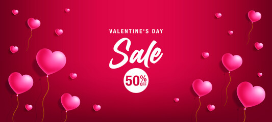 Valentine's day sale 50% off background with floating 3d hearts and balloons. Valentines day banner vector illustration for promotion. Love and romantic design concept.