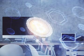 Double exposure of crypto technology theme drawing and office interior background. Concept of...