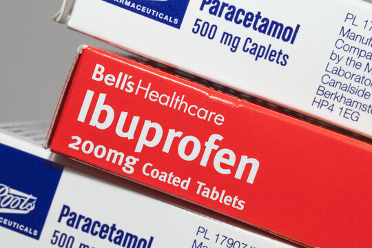 Boxes Of Ibuprofen And Paracetamol Tablets, Closeup With Selective Focus - London / UK - March 29th 2020