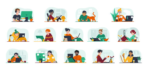 Fototapeta premium Remote work and freelance concept. Freelancers and IT specialists at work and working distantly. Set of flat cartoon vector illustrations with fictional characters isolated on white background.