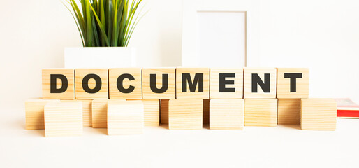 Wooden cubes with letters on a white table. The word is DOCUMENT. White background.