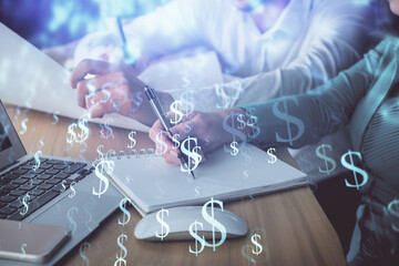 Double exposure of forex chart drawing over people taking notes background. Concept of financial...