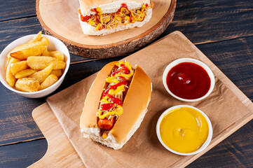 .Brazilian style hot dog, with mustard, ketchup and potato straw. Top view