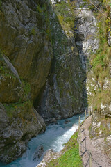 The Tolminka River flowing through Tolmin Gorge in the Triglav National Park, north western Slovenia. The lower Devil's Bridge can be seen in the centre
