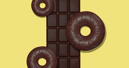 3d render fashion collage abstract scene..Mix Chocolate bar and donuts. Choco cacao lover concept. Minimalistic creative food style art.