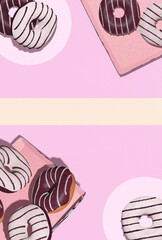 3d render fashion collage flat lay scene..Chocolate glaze black and white donuts in box. Donut lover concept. Minimalistic creative food style. Copy space