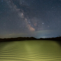 starry night with milky way above the sandy desert, night outdoor scene