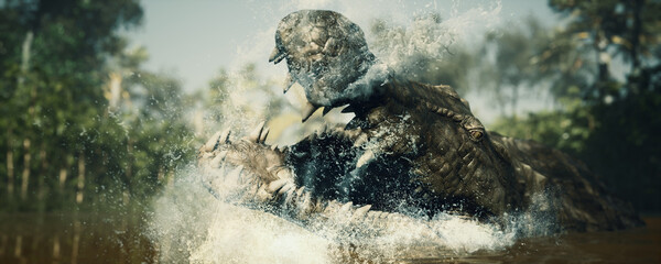 wildlife and large crocodile. swims in the dirty river.
