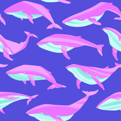 Repeated texture with hand drawn marine mammals: blue whale, white whale and sperm whale.