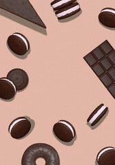 3d render fashion flat lay scene. Chocolate mixed sweet on beige background. Choco cacao  lover concept. Minimalistic creative food style art. Copy space