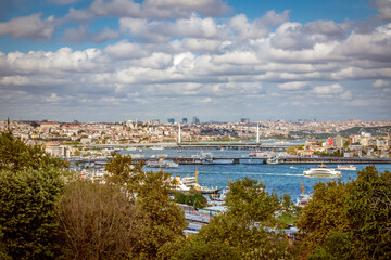 Obraz premium View of ferries and bridges crossing the Golden Horn of the Bosphorus with a city of Istanbul, Turkey in the background