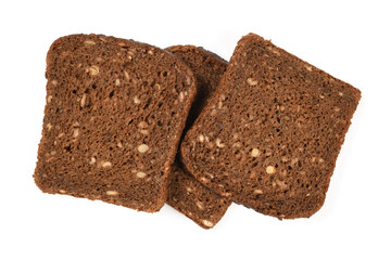 Multigrain bread with bran and whole seeds, three pieces of sliced brown bread isolated on white background, close up macro high resolution.