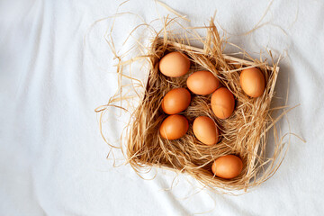 Natural Easter eggs lie on the hay in a basket on a light soft background. Bright Easter holiday.