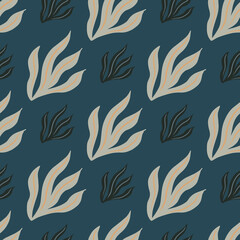 Grey and black vintage leaves seamless pattern in hand drawn style. Navy blue background. Simple design.