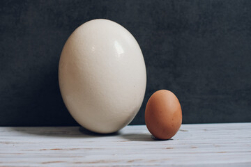 A large fresh ostrich and chicken egg lies on a wooden background. Easter theme, holiday. Happy easter card with copy space for text in minimalist easter style