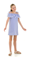 Beautiful Girl Spread her Hands and Shrugging Shoulders