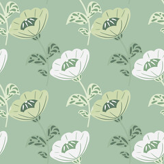 Fashion seamless pattern in hand drawn style with bloom vintage flowers shapes. Blue background.