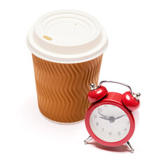 Morning red alarm clock and disposable paper cup or mug isolated on white with clipping path