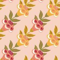 Decorative seamless pattern with pale yellow and pink vintage flowers ornament. Pink background.