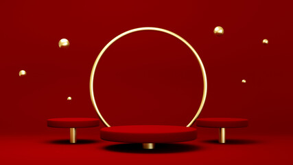 Podium, pedestal or platform, background for the presentation of cosmetic products. Place for ads. 3D rendering red stage geometry with gold. Product presentation blank podium.
