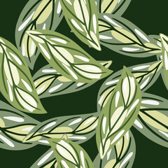 Seamless random pattern with green abstract contoured leaf shapes. Dark green background. Simple design.
