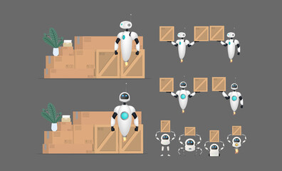 Big Set of White flying robots with boxes. Delivery and trucking concept. Realistic style. Vector illustration.