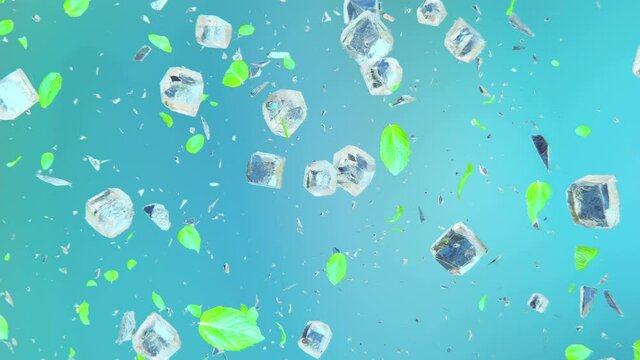 Exploding frosted ice cubes with mint leaves in 4K Slow motion