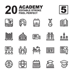 Icon Set of Academy. Outline style icon vector. Contains such of agriculture, class, university, school, chemistry, learning, daring, chalkboard, bookshelf and more. Editable Stroke and Pixel perfect.