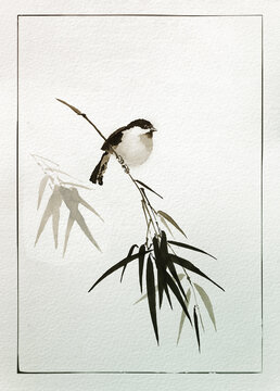A small bird on a bamboo stalk. Traditional Japanese ink painting. Illustration.
