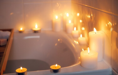 Spiritual aura cleansing ritual bath for full moon ritual with candles and aroma salt.