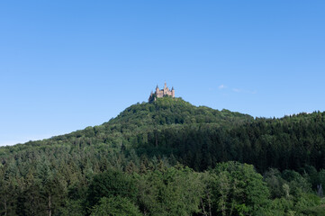 Fototapeta na wymiar Hohenzollern castle on a hill with lots of trees on a sunny day