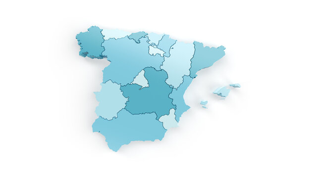 Detailed map of regions of Spain in turquoise color on white. 3D rendering