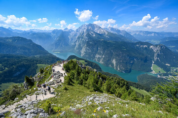 KOENIGSSEE, GERMANY - August 10, 2020: View on lake Koenigssee from the mountain jenner in Berchtesgaden