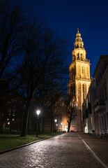Naklejka premium Empty street just before the curfew, a measure against the spreading of the corona virus in the Netherlands.