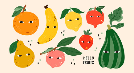 Various joyful Fruits and Vegetable with eyes. Cute funny characters. Cartoon style. Hand drawn colored Vector illustration. All elements are isolated