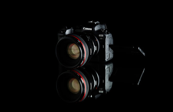 Philadelphia, United States - January 29, 2021: Canon EOS R6 mirrorless full-frame camera. Canon EOS R6 camera on a black background.