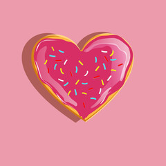 donut yummy pink heart with pink gradient andshadows. Saint Valentine's day vector illustration.Valentine gift card