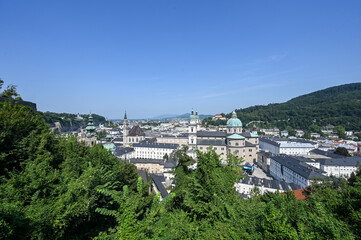 View on Salzburg from castle Hohensalzburg in Austria on sunny day