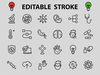 CORONAVIRUS A set of icons on the theme of coronavirus, contains icons such as an antiseptic, handwashing, masks, bacteria, sneezing, temperature, virus, thin lines, editable stroke, vector