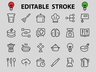 Set of icons for cooking and kitchen, vector lines, contains icons such as a knife, saucepan, boiling time, mixer, scales, recipe book. Editable stroke, perfect 480x480 pixels, white background