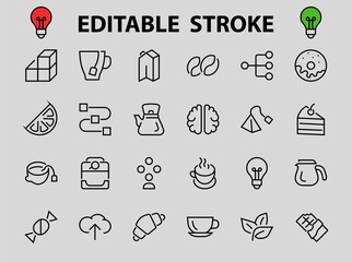 Naklejka premium COFFEE and TEA LINEAR ICONS SET, contains Icons of tea, tea bag, Coffee machine, cake, sugar, teapot, cup, milk, cream, Lemon, chocolate bar, LINEAR ICONS Editable stroke