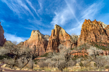 USA, The Three Patriarchs rocks at Zion National Park in January.